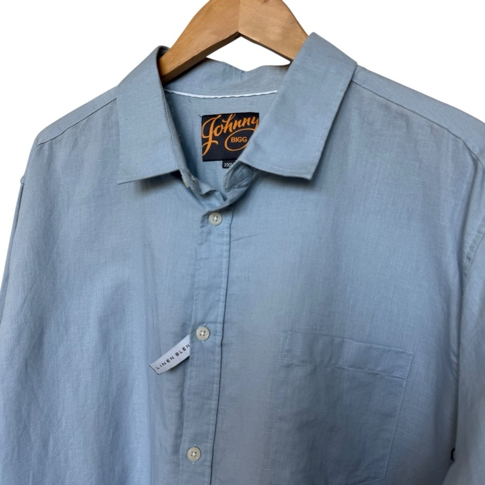 NWT Johnny Bigg Men's 2XL Blue Linen Blend Button-Up Shirt Long Sleeve Casual